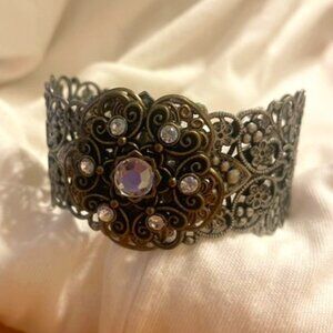 Beautiful Victorian Cuff Bracelet with Crystals and Scrollwork